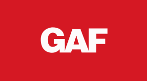 GAF logo in bold white letters on a red background.